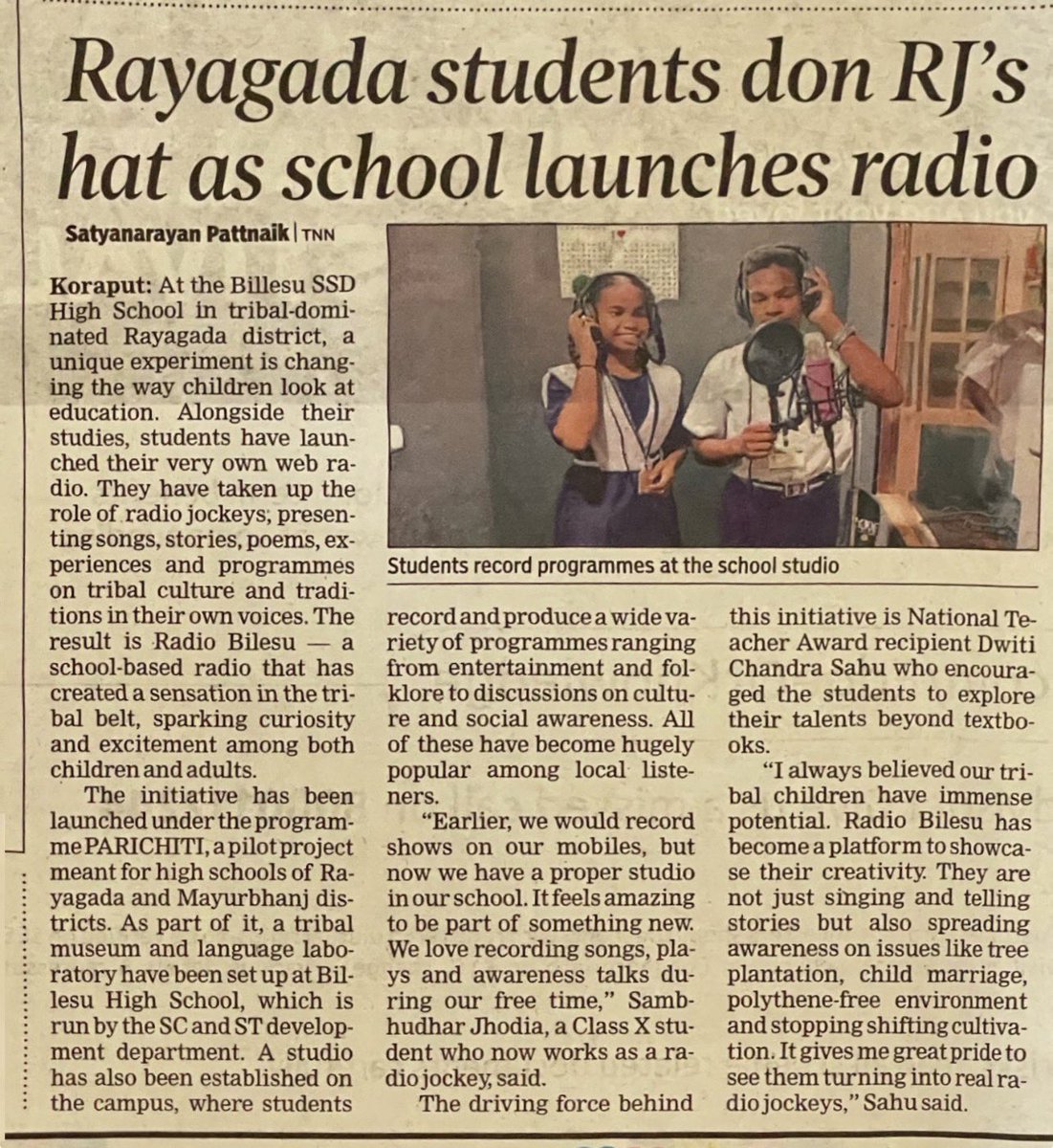 When education meets creativity - magic happens! 

Young RJs from tribal-dominated  #Rayagada are on air!

Students of govt-run Billesu SSD High School in Rayagada bring stories and songs alive through their own Radio Bilesu. 

A voice from Odisha’s heartlands!