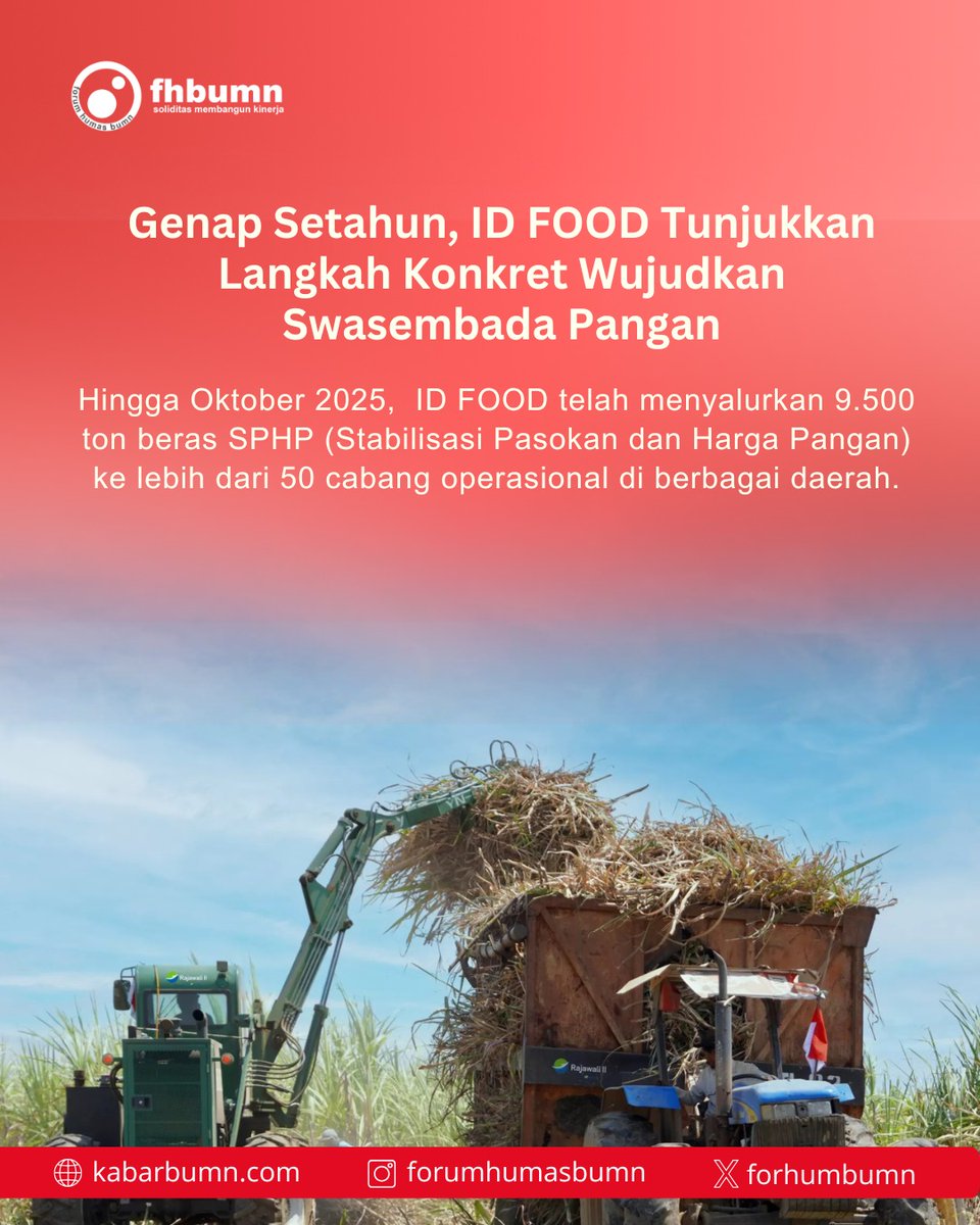 ForHumBUMN's tweet image. Hingga Oktober 2025, ID FOOD telah menyalurkan 9.500 ton beras SPHP (Stabilisasi Pasokan dan Harga Pangan) lebih dari 50 cabang di daerah. melalui anak usaha PT Sang Hyang Seri, ID FOOD telah memasok 5,9 juta kilogram benih padi unggul selama Triwulan III 2025.