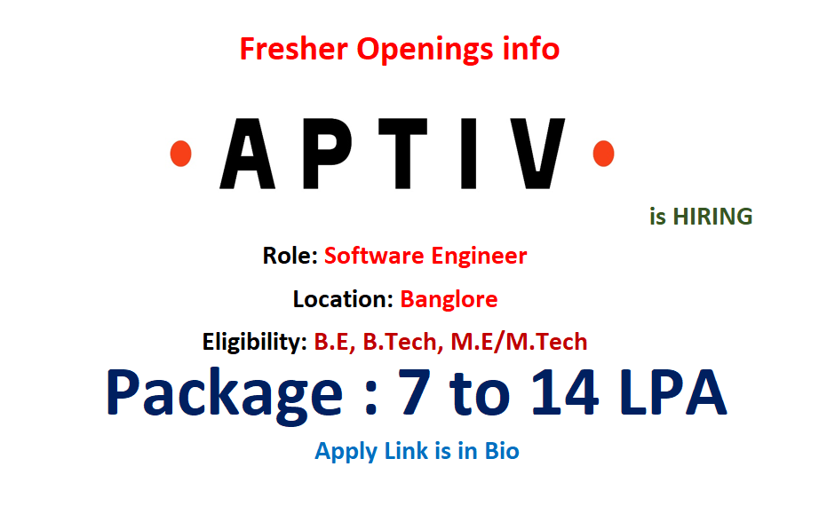 softwareduniyas's tweet image. Aptiv is hiring #Freshers for Associate #Software Engineer.

Location: Banglore

Eligibility: Bachelor’s degree or Master’s degree in engineering discipline (IT/EE/EC/CS/Instrumentation/Robotics).

Link: aptiv.wd5.myworkdayjobs.com/en-US/aptiv_ca… 

#Aptiv