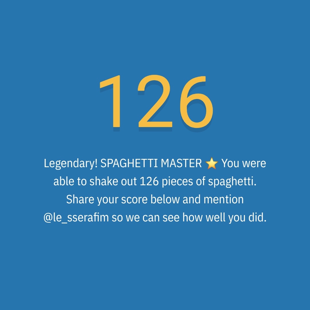 miamiz_one's tweet image. #spaghettigame 👑🍝 126 noodles
Legendary! SPAGHETTI MASTER 🌟
spaghettigame.com
@le_sserafim
