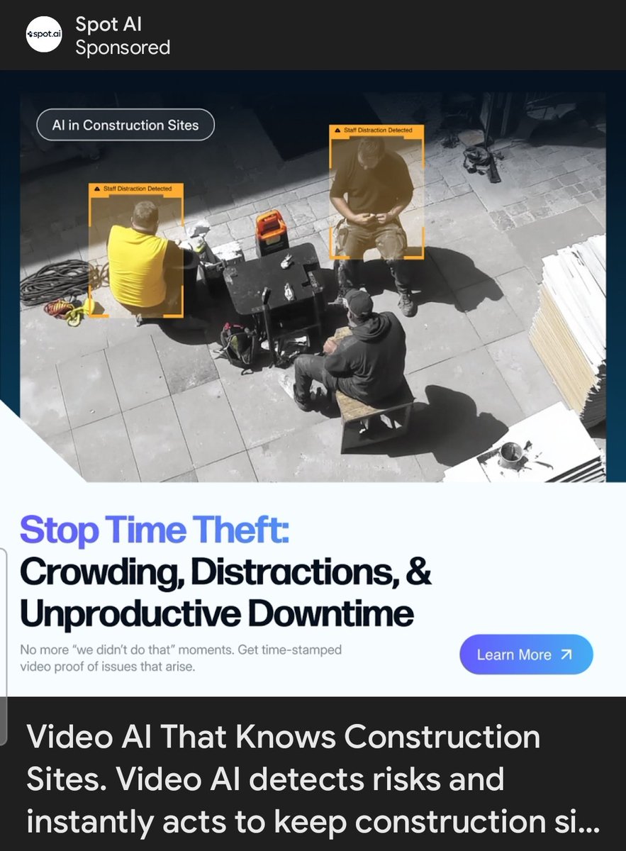 Mike_Repel's tweet photo. With increasingly smaller profit margins, construction labor output and productivity needs to undergo a fundamental change. AI systems, such as @spot_ai are now being implemented to monitor time theft and inefficiency on job sites. 
 https://t.co/qLnjYBU9B5 https://t.co/p9uh8Zs0aZ