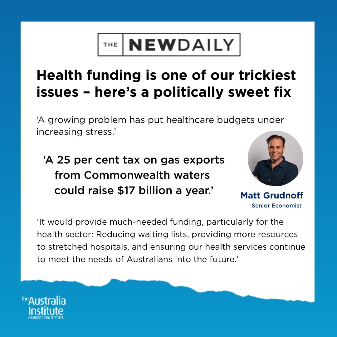 Australia Institute (@theausinstitute) on Twitter photo Our healthcare system is strained with packed waiting rooms, patients waiting in pain for years, and delayed appointments due to cost. But a solution exists.
A 25% gas export tax could raise $17 billion annually to help fix the healthcare system.
<a href="/MattGrudnoff/">Matt Grudnoff</a> #auspol Our healthcare system is strained with packed waiting rooms, patients waiting in pain for years, and delayed appointments due to cost. But a solution exists.
A 25% gas export tax could raise $17 billion annually to help fix the healthcare system.
<a href="/MattGrudnoff/">Matt Grudnoff</a> #auspol
