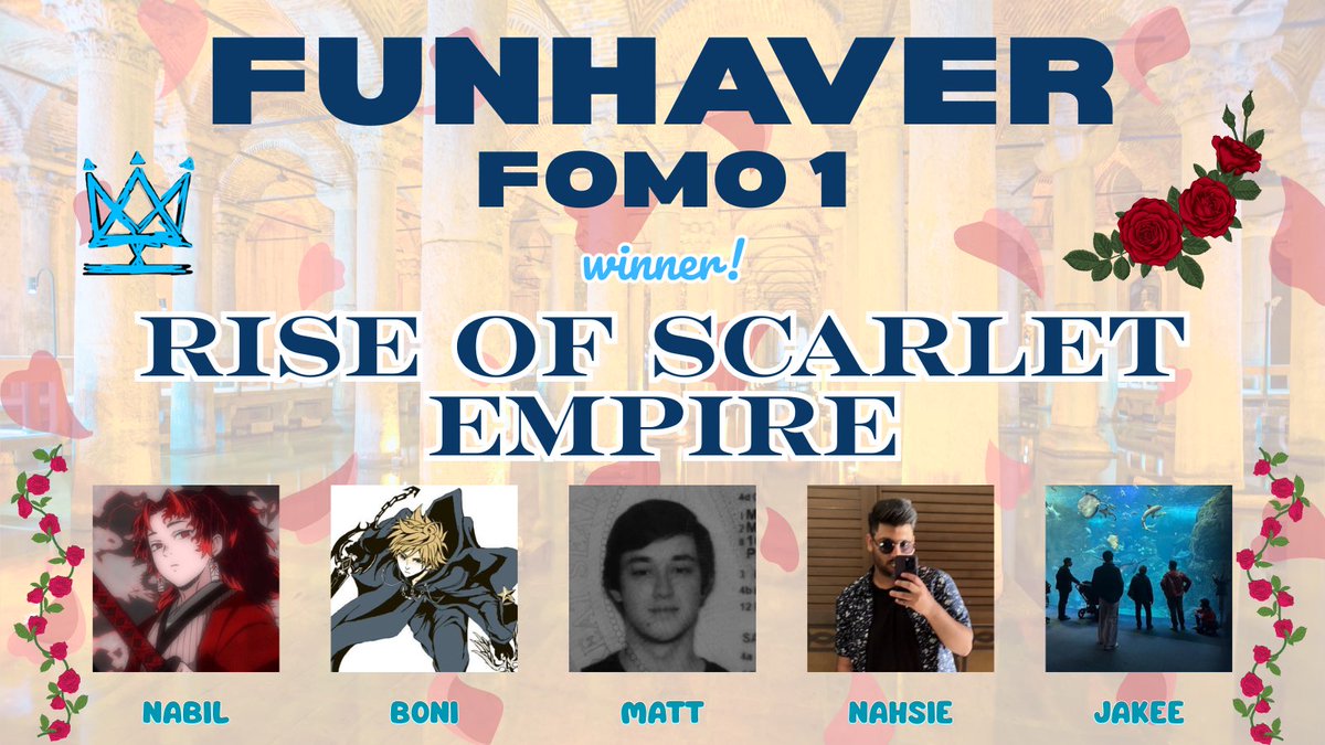 A new empire is crowned! Congratulations to Rise of Scarlet Empire for winning our very first FOMO tournament! They ROSE above the competition and left everyone else in the dust. Will they build a dynasty?

🌹 <a href="/BoniFaci0_/">🪡 Boni</a> 
🌹 <a href="/nrbil/">nabil</a> 
🌹 <a href="/MattZyzz/">matt</a> 
🌹 <a href="/NahsieTV/">Nahsie</a> 
🌹 <a href="/jakeeVAL/">jakejakejakejake</a>