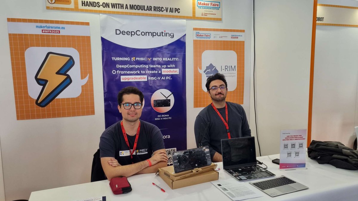 DeepComputingio's tweet image. Last day at @MakerFaireRome 2025 🇮🇹

Showed the RISC-V in action with @DeepComputingio  DC-ROMA RISC-V AI PC inside the @FrameworkPuter  Laptop.

Excited to keep spreading the word about #RISCV #OpenSource, and #OpenHardware in Rome!