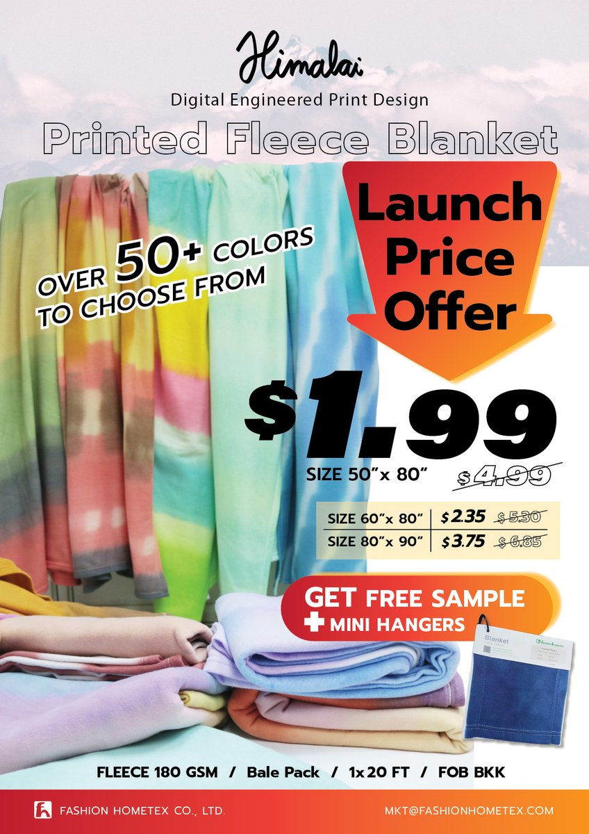 FashionHometex's tweet image. 🔥 Launch Offer Alert!
Get your #HimalaiBlanket Printed Fleece Blanket starting at just $1.99 — over 50+ colors to choose from!
#Freesample
wa.me/66962844447
himalaiblanket.com
#FashionHometex #BlanketSupplier #HimalaiBlanket #FleeceBlanket #PrintedBlanket