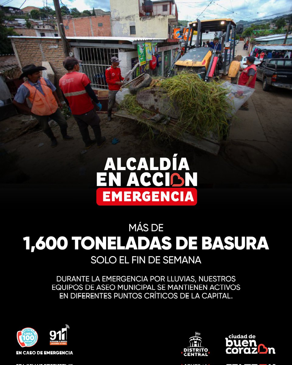 🧹 Durante el fin de semana removimos más de 1,600 toneladas de basura en distintos puntos de la capital. 💪🌆

♻️ Hacé tu parte: tirá la basura en su lugar.
Recordá que el 80% de las inundaciones son causadas por la basura que termina en ríos , quebradas y tragantes 🚯🌧️

¡La