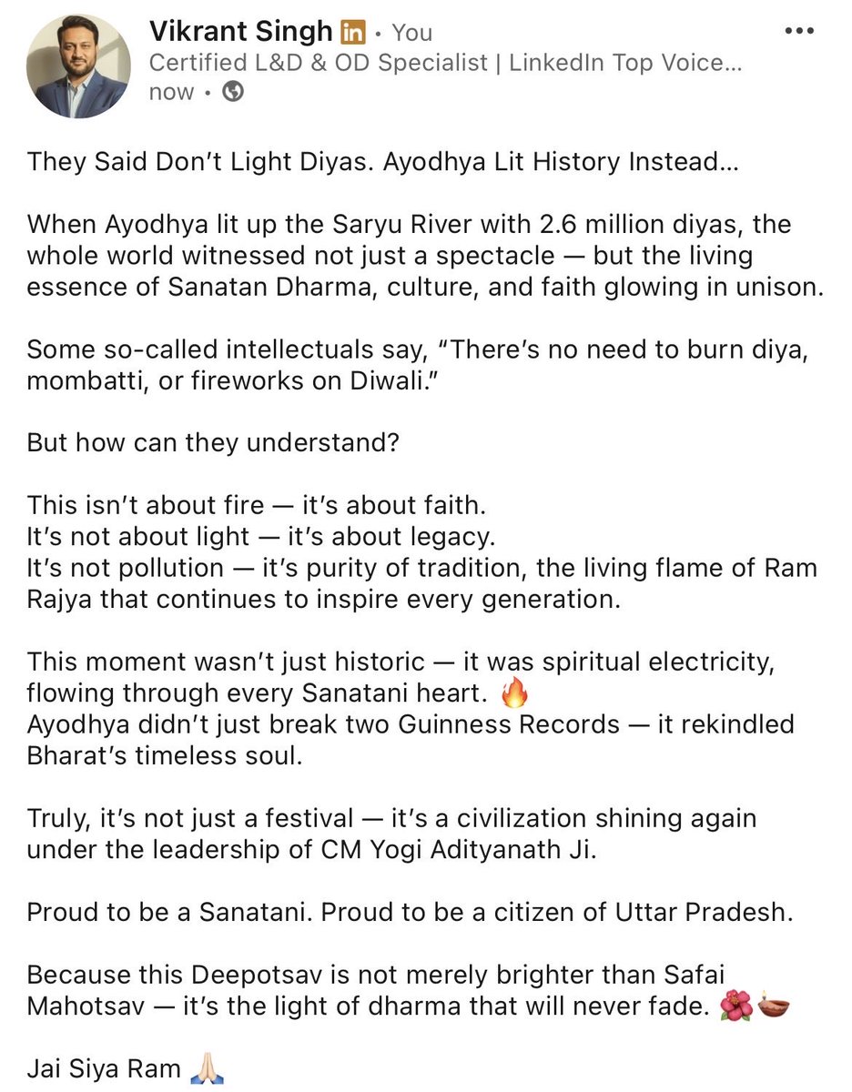 _vikrantsingh's tweet image. They Said Don’t Light Diyas. Ayodhya Lit History Instead…

Proud to be a Sanatani. Proud to be a citizen of Uttar Pradesh.

Because this Deepotsav isn’t just brighter than any Safai Mahotsav — it’s the light of truth, tradition &amp;amp; triumph that will never fade.

#Ayodhya #Diwali