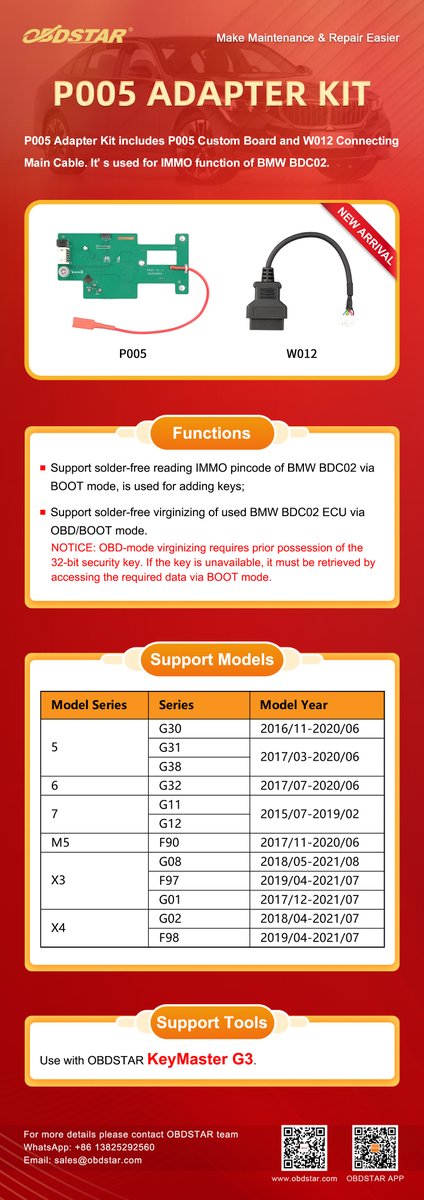 ObdstarTec's tweet image. 🚗 New: P005 ADAPTER KIT for BMW BDC02
No soldering. No risk.
✅ Read IMMO data (BOOT mode) – for key adding
✅ Virgin used ECUs (OBD/BOOT)
#BMWTools #BDC02 #KeyProgramming #NoSoldering #AutoTech #ECURepair #CarKeys