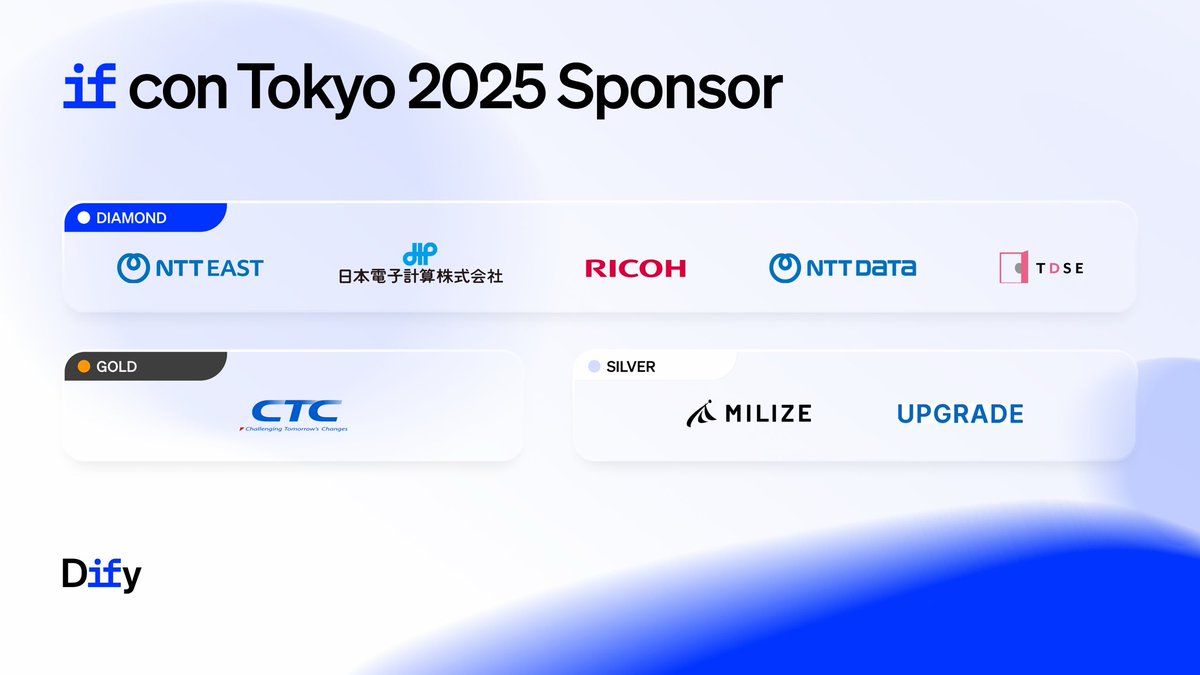DifyJapan's tweet image. 🤝 IF Con 2025 Tokyo スポンサー発表！

AIと未来が出会う場所、IF Con 2025 Tokyo。

開催にあたり、ご支援くださったスポンサーの皆さまへ、心より感謝いたします。
皆さまのサポートが、AIとイノベーションをつなぐこの特別なステージを創り上げています。

🔹スポンサー一覧
💎 Diamond…
