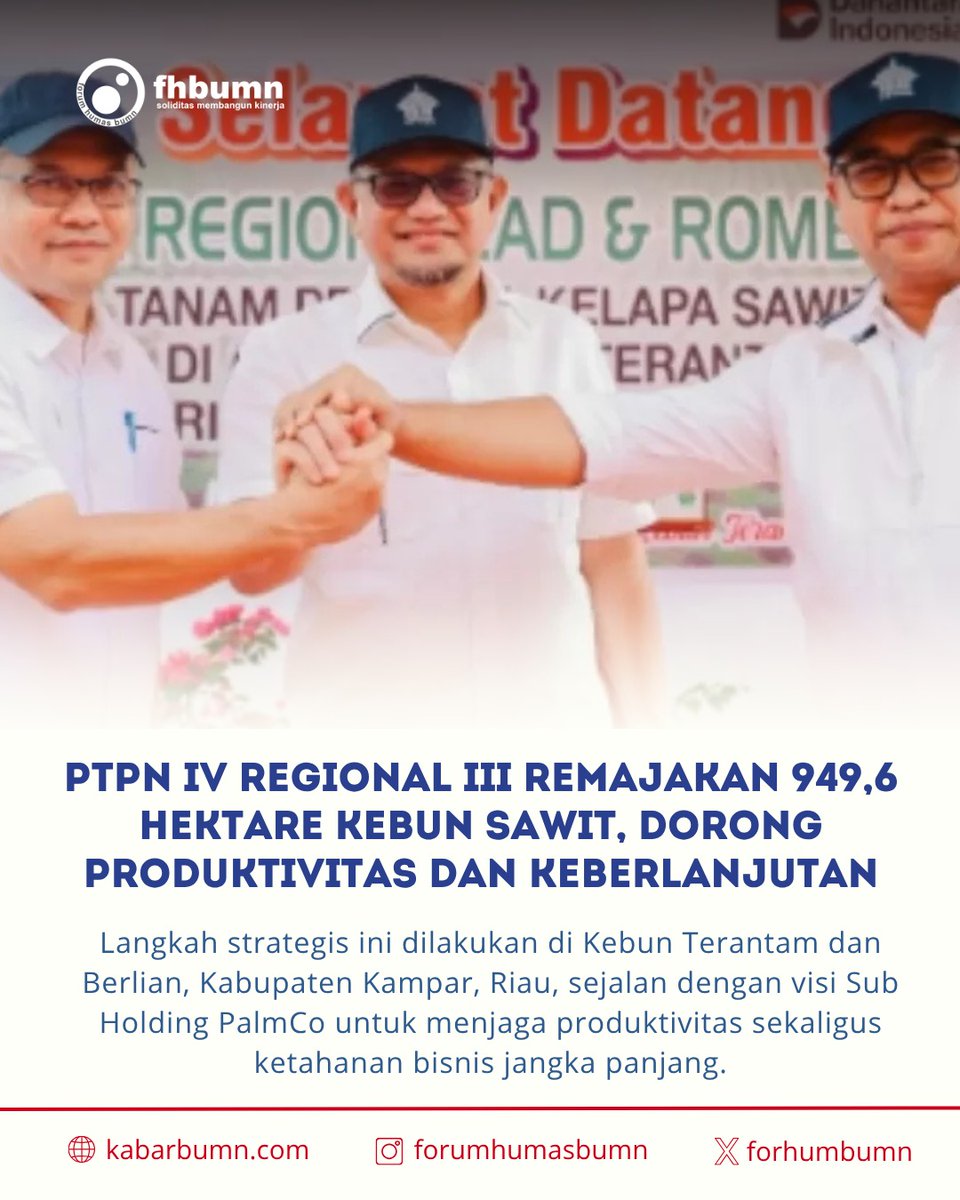 ForHumBUMN's tweet image. Dari total luas 949,6 Hektare Kebun Sawit, 649,6 hektare berada di Kebun Terantam dan 300 hektare di Kebun Berlian, dua kawasan yang menjadi bagian dari core estate Regional III dan penopang utama produksi Crude Palm Oil (CPO) di wilayah Riau bagian barat.