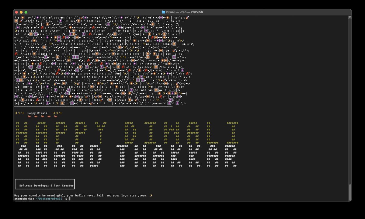 TheAnandThakkar's tweet image. ✨ From Console to Celebration ✨
As developers, we light up the console with logic.
This Diwali, let’s light up lives with compassion.
May your commits be meaningful,
your builds never fail,
and your code always run without exceptions. 💻💥
Wishing you all a bright, bug-free,…