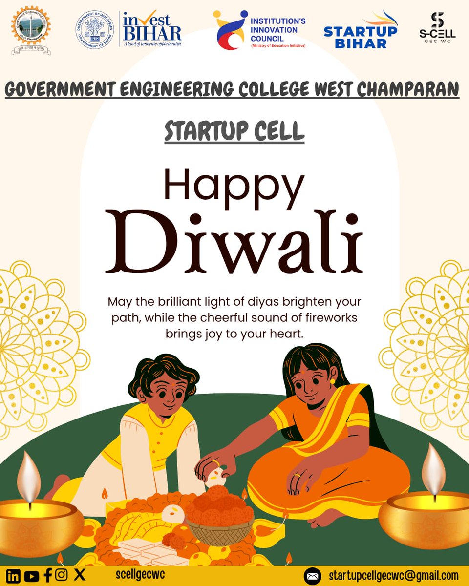 scellgecwc's tweet image. ✨ दीपों की रौशनी से जगमगाए आपका जीवन ✨
स्टार्टअप सेल, गवर्नमेंट इंजीनियरिंग कॉलेज वेस्ट चम्पारण की ओर से आप सभी को दीपावली की हार्दिक शुभकामनाएँ! 🪔
#HappyDiwali #SCELLGECWC #StartupBihar #Diwali2025 #FestivalOfLights #ViksitBharat #AtmanirbharBharat #InnovationIndia #GECWC