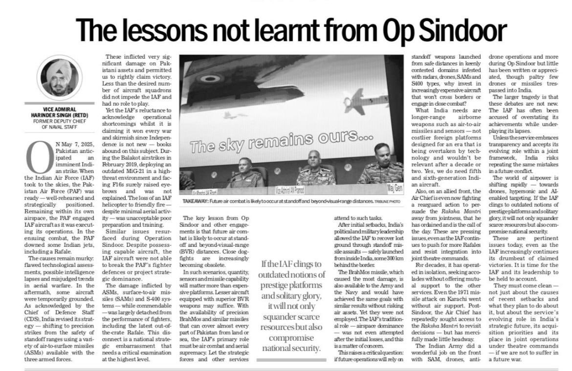 It’s the IAFs turn to rebut Navy’s allegations regarding its role in Op Sindoor.

In the past when letters to editors turned into ‘tu-tu, main main’, the newspapers would write a notice after printing the last one saying “Correspondence on this issue is now closed”.
Tribune may