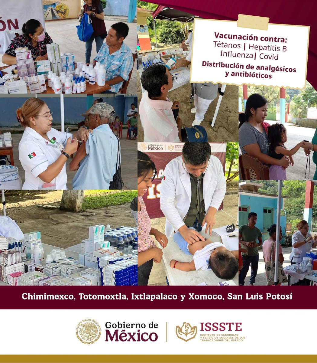 ISSSTE_mx's tweet image. 📍 En San Luis Potosí, nuestras brigadas médicas trabajan sin detenerse para atender a las familias afectadas por las lluvias en Chimimexco, Totomoxtla, Ixtlapalaco y Xomoco. 🩺👩⚕️
Con organización, entrega y un gran sentido humano, el personal del Instituto realiza jornadas…