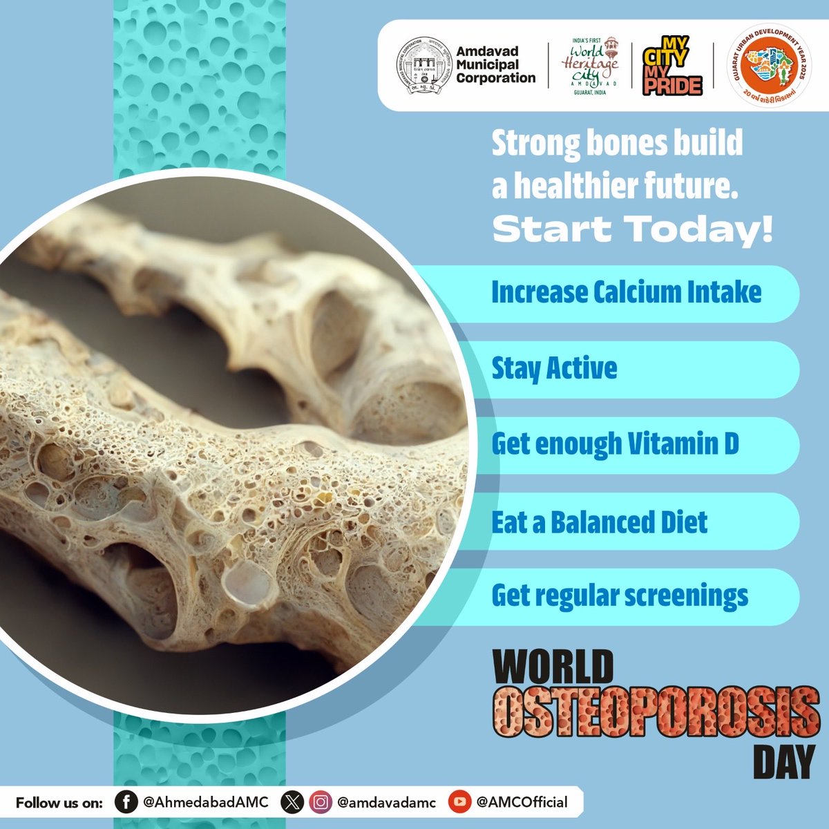 AmdavadAMC's tweet image. Don’t let silent bone density loss take away your strength. A glass of milk and exercising regularly goes a long way in preventing osteoporosis. Today, let’s make healthy lifestyle changes and raise awareness about bone health.

#WorldOsteoporosisDay #BoneHealth #StrongBones…