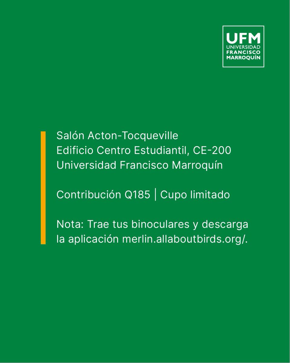 Reserva la fecha para el próximo 𝘣𝘪𝘳𝘥𝘸𝘢𝘵𝘤𝘩𝘪𝘯𝘨.
Te esperamos para aprender y observar las especies de la UFM.
Puedes comprar tus entradas aquí 👉 arboretum.ufm.edu/evento/birdwat…. 
 #UFM #arboretumufm #naturaleza #birdwatching #avistamientodeaves