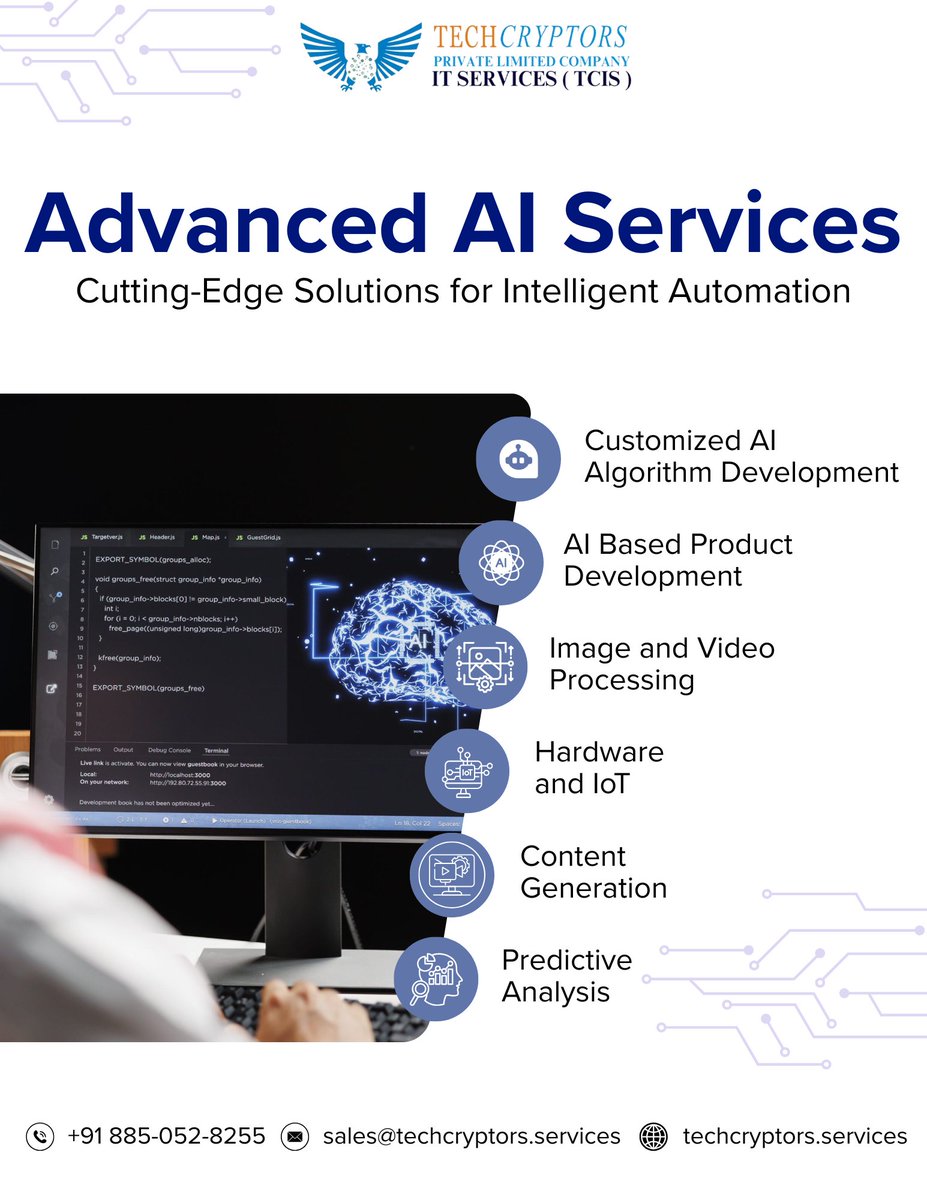 TechCryptors's tweet image. Elevate your business with Cutting-Edge Solutions for Intelligent Automation!🚀

📞wa.me/918850528255
📩sales@techcryptors.services
🌐techcryptors.services

#AIServices #AlgorithmDevelopment #ITServices #SoftwareDevelopment #WebDevelopment #TechCryptorsItServices #TCIS