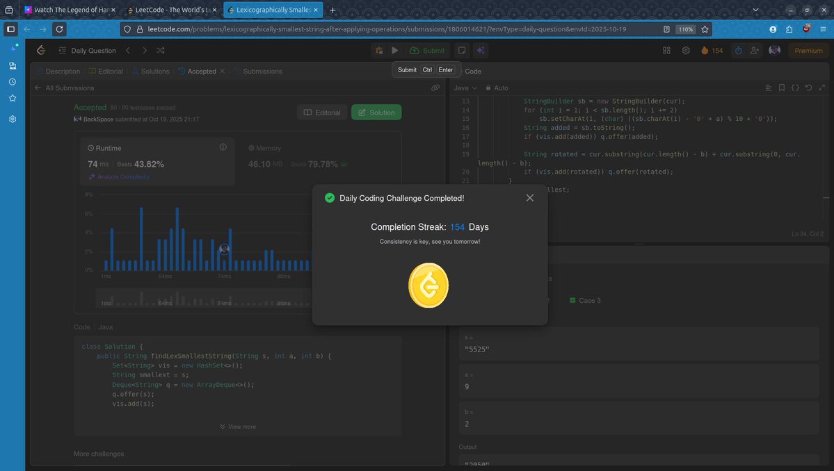 like_backspace's tweet image. The momentum is real! 154 Days on the Daily Coding Challenge streak!
Not every problem is a 1ms winner, but every accepted solution builds the skill. Today's runtime beating shows that showing up consistently is what moves the needle.
#100DaysOfCode #LeetCode