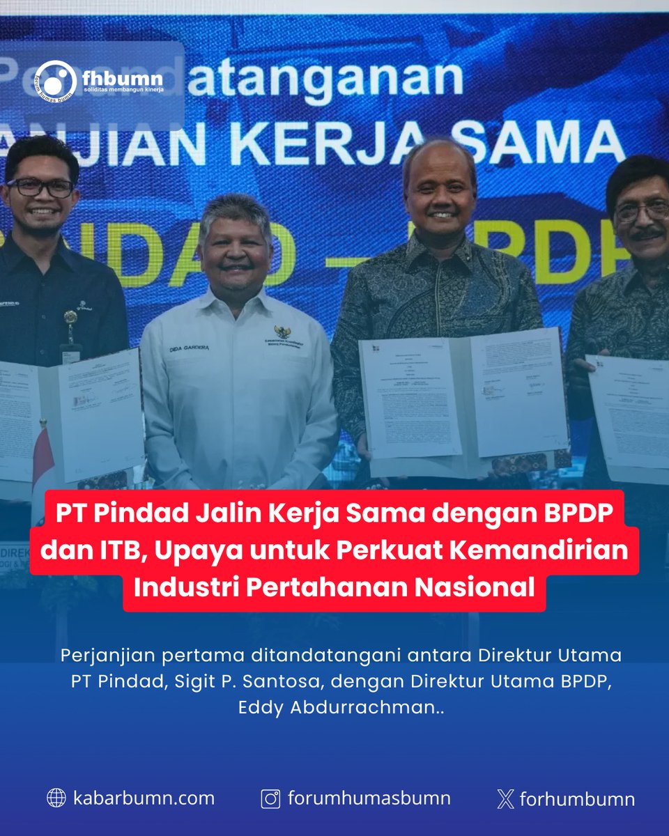 ForHumBUMN's tweet image. PT Pindad menandatangani dua perjanjian kerja sama strategis dengan Badan Pengelola Dana Perkebunan (BPDP) dan ITB untuk memperkuat pengembangan fasilitas produksi industri pertahanan yang berdaya saing tinggi. Penandatanganan dilaksanakan di PT Pindad, Turen, Malang, (16/10).