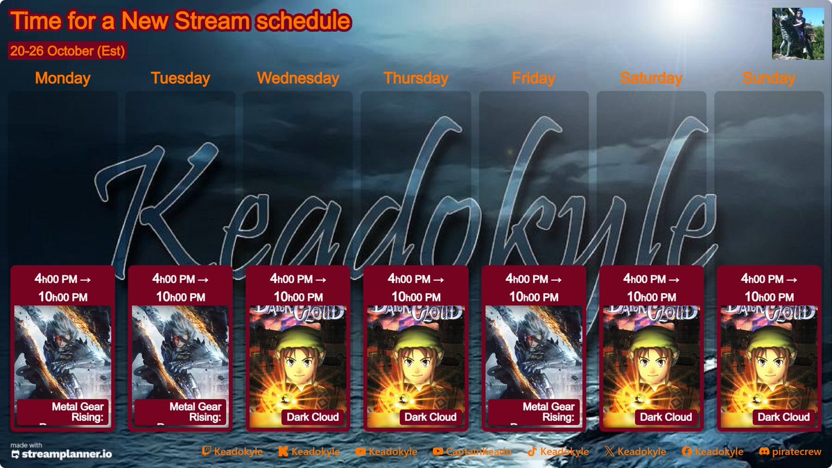 Keadokyle's tweet image. New schedule #metalgear #darkcloud I’m keadokyle on all platforms
