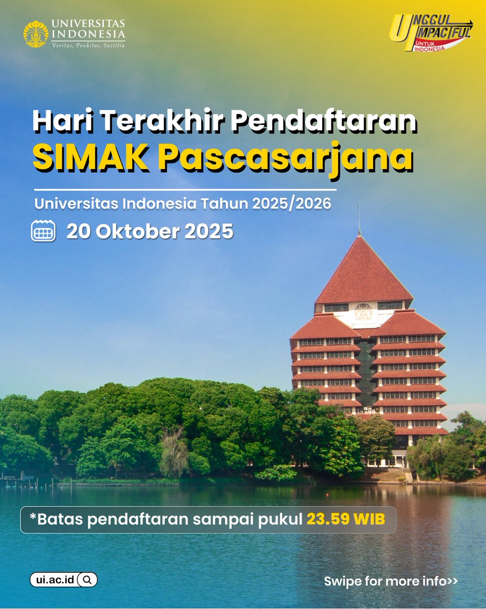 univ_indonesia's tweet image. Halo, Calon Mahasiswa Pascasarjana UI! 👋🏻

Pendaftaran SIMAK Pascasarjana Universitas Indonesia Tahun 2025/2026 akan ditutup pada hari ini pukul 23.59 WIB. Yuk, perhatikan juga secara saksama jadwal penting SIMAK Pascasarjana yang ada di halaman kedua unggahan ini! 😉

Informasi…
