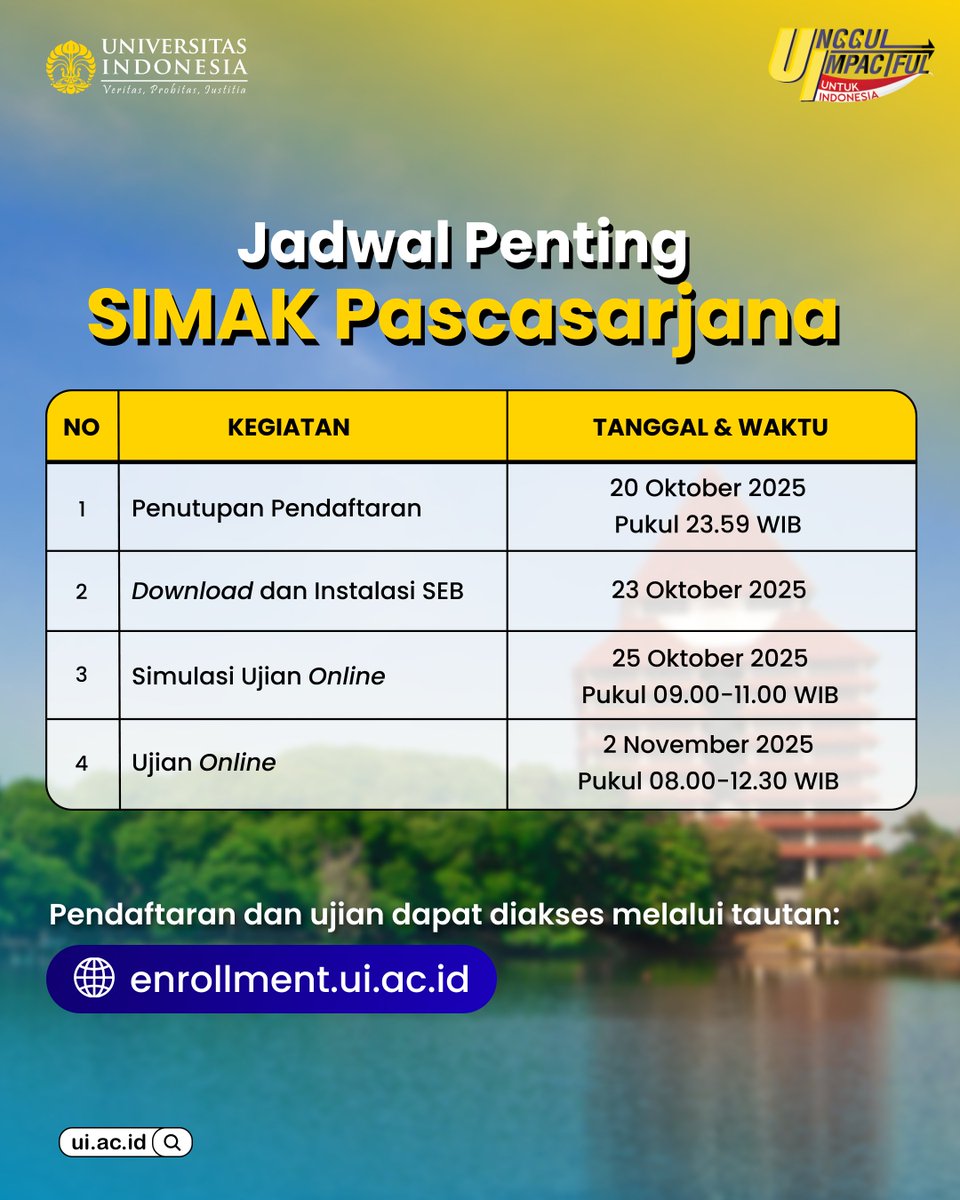 univ_indonesia's tweet image. Halo, Calon Mahasiswa Pascasarjana UI! 👋🏻

Pendaftaran SIMAK Pascasarjana Universitas Indonesia Tahun 2025/2026 akan ditutup pada hari ini pukul 23.59 WIB. Yuk, perhatikan juga secara saksama jadwal penting SIMAK Pascasarjana yang ada di halaman kedua unggahan ini! 😉

Informasi…