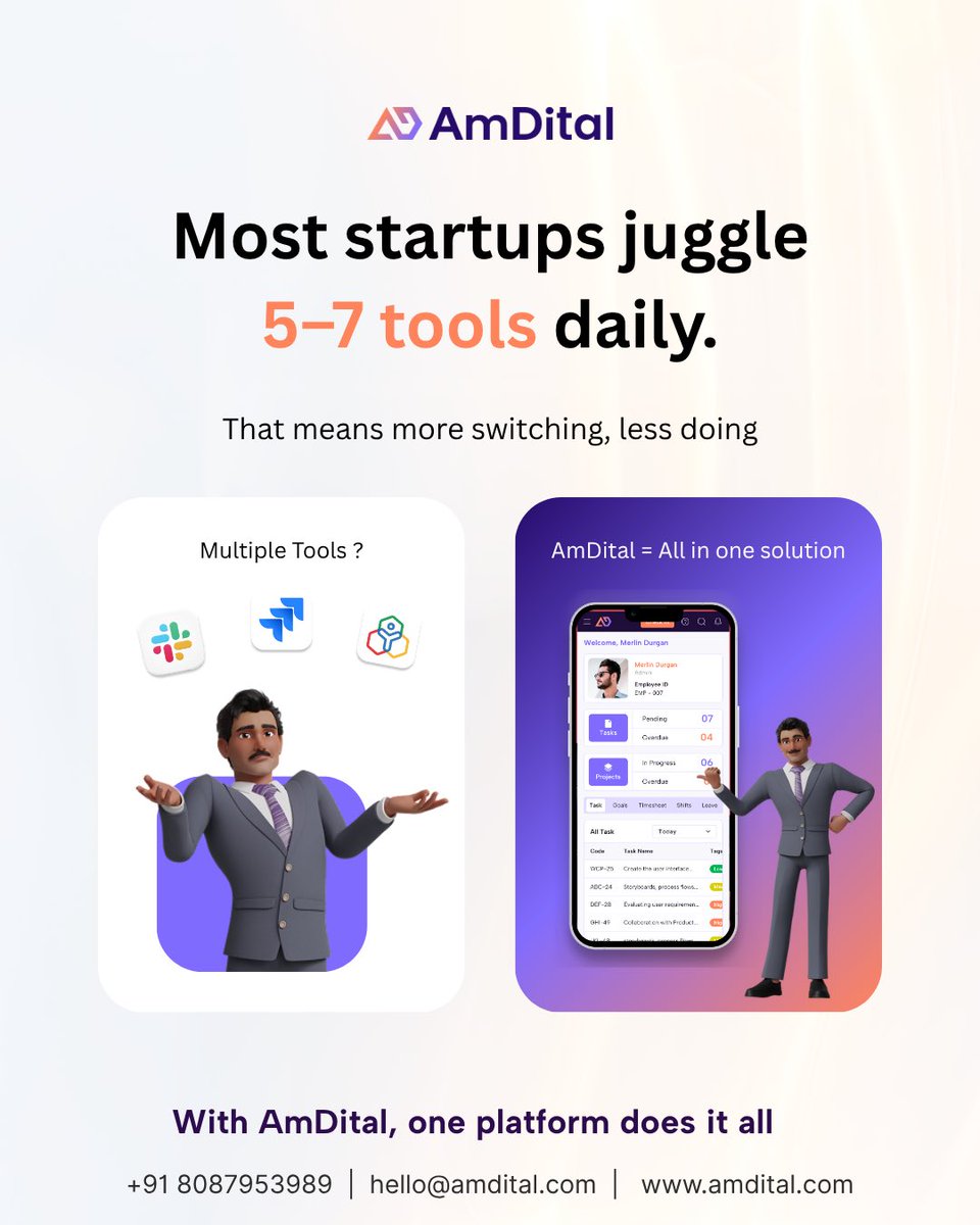 amdital's tweet image. Too many tools = wasted time ⏳
That’s why smart teams choose AmDital one hub for everything that matters
Get in Touch with Us
📞 Call: +91 8087953989
📩 Email: hello@amdital.com
🌐 champ.ly/IU7mwQu5
#FunFactFriday #SmartWorkflows #TeamProductivity #AmDital