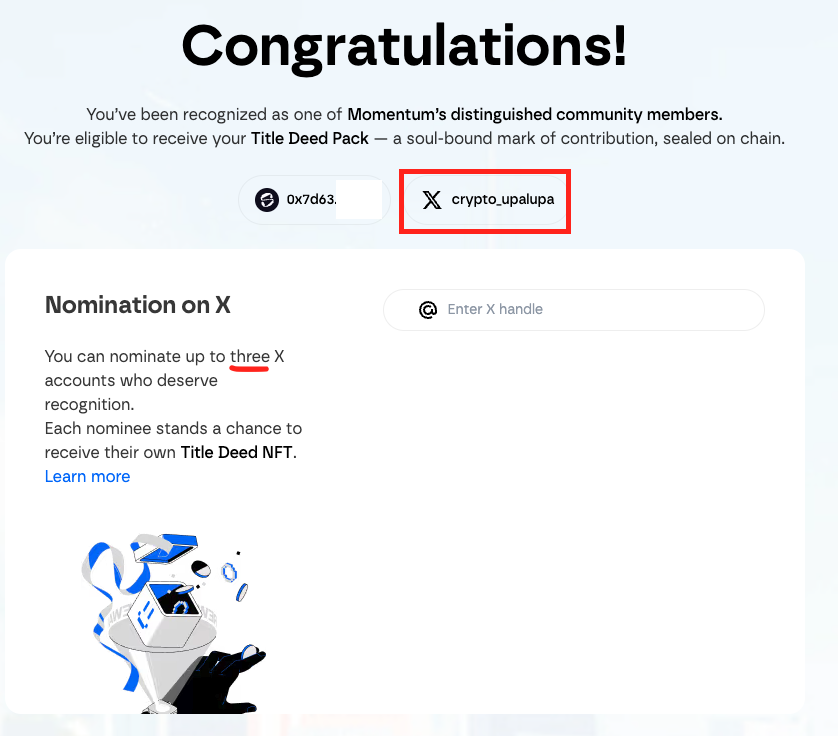 [ Deed NFT 추천서 3자리 이벤트 ]

지난 금요일까진 없었는데 <a href="/MMTFinance/">MomentumⓂ️Ⓜ️T</a> 를 열심히 야핑하다보니 추가로 Deed NFT 지급 자격을 얻었습니다!

<a href="/buidlpad/">Buidlpad Ⓜ️Ⓜ️T</a> 덕에 열심히 야핑하니 이런 기회도 얻었네요. 그래서 3자리 추천자리를 얻었어서 바로 지급 이벤트 열어보려 합니다! 

RT까지 해주신분 2자리,