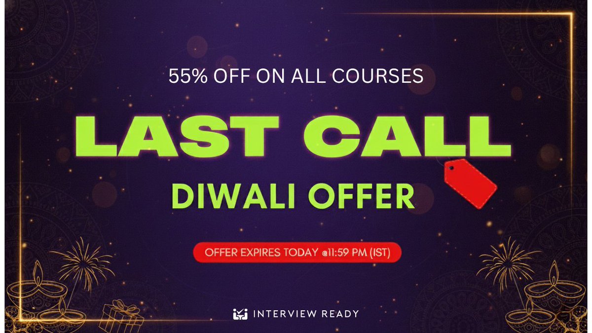 SALE ENDS TONIGHT! 🚨

This is your final call. The Diwali-55 coupon will be invalid TONIGHT at 23:59:00 IST.

Secure your special pricing on all courses, best chance to invest in the skills that power the world's best tech companies right now.

Enroll now:interviewready.io/course-page/ai…