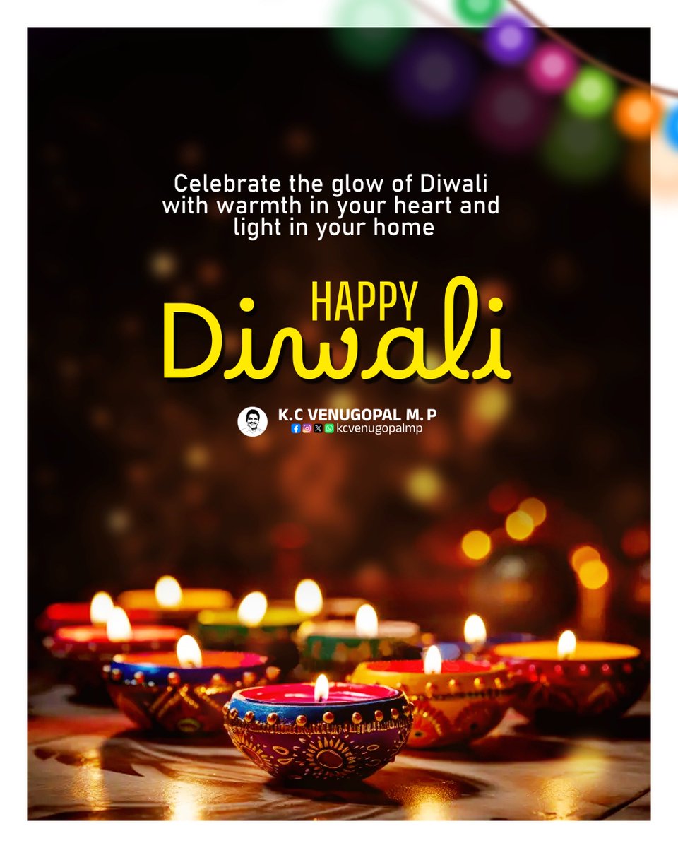kcvenugopalmp's tweet image. Wishing everyone across the world a very Happy Diwali! 🪔
May this auspicious festival of lights bring happiness and prosperity to every home!
दीपावली के शुभ अवसर पर समस्त देशवासियों को हार्दिक शुभकामनाएँ! 🪔
ईश्वर आपके परिवार को सुख, समृद्धि और उत्तम स्वास्थ्य प्रदान करें!