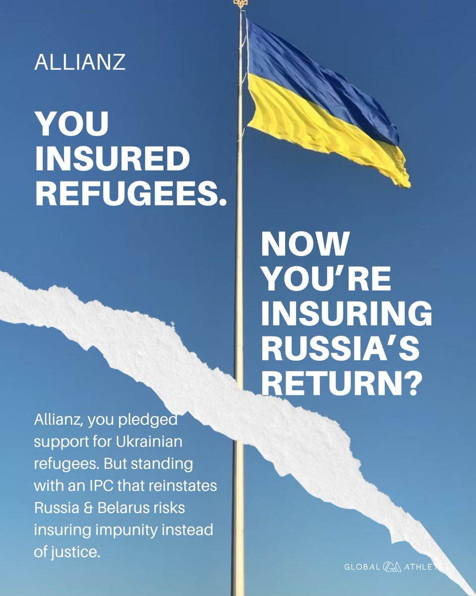 📢 <a href="/Allianz/">Allianz</a> you pledged support for Ukrainian refugees. But standing with an International Paralympic Committee that reinstates Russia &amp; Belarus risks insuring impunity instead of justice. <a href="/Paralympics/">Paralympic Games</a>