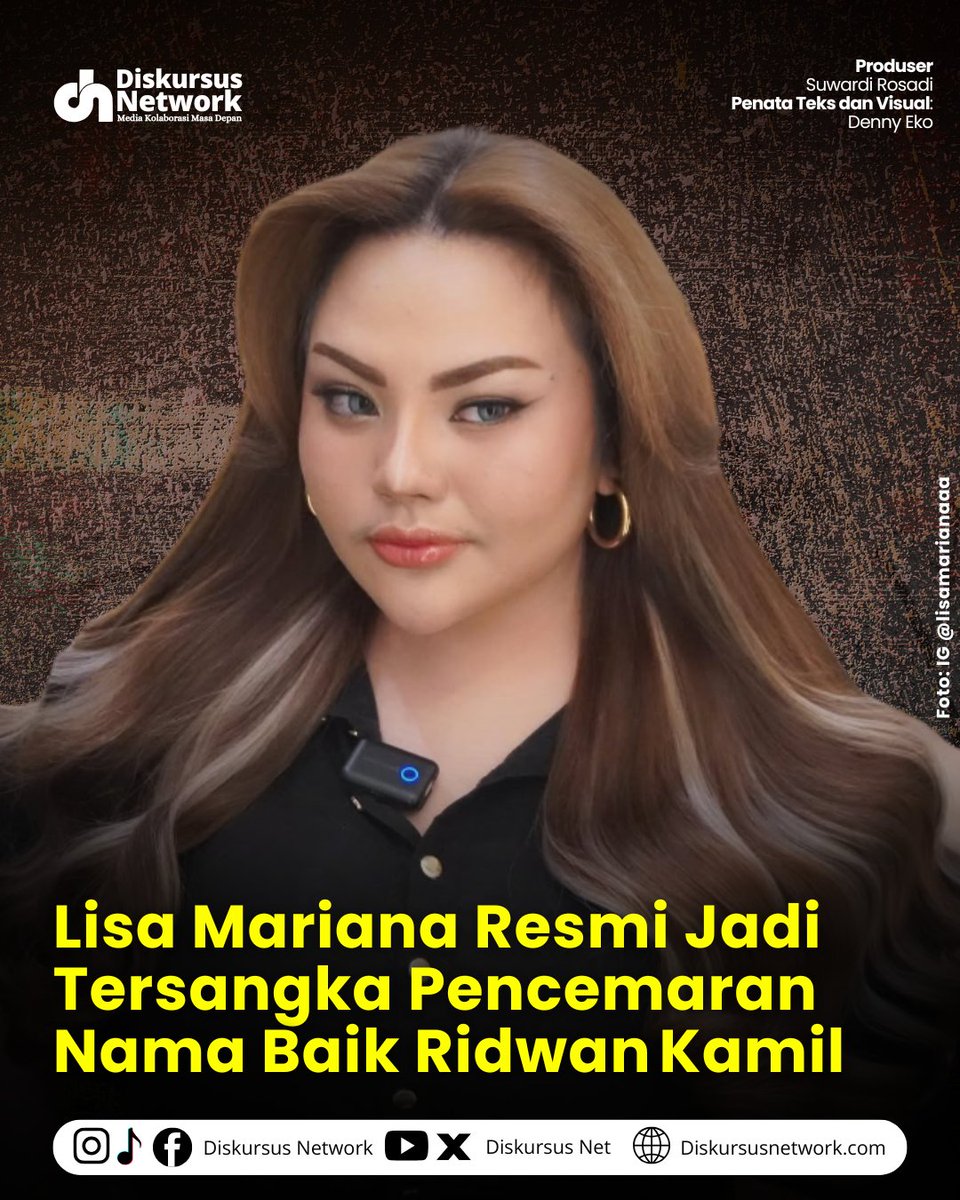 DiskursusNet's tweet image. Bareskrim Polri menetapkan Lisa Mariana sebagai tersangka pekan lalu. Pemeriksaan dijadwalkan Senin (20/10), setelah surat panggilan diterima Jumat (16/10).

#diskursusnetwork #LisaMariana #RidwanKamil #BareskrimPolri #PencemaranNamaBaik #HukumSiber #BeritaTerkini