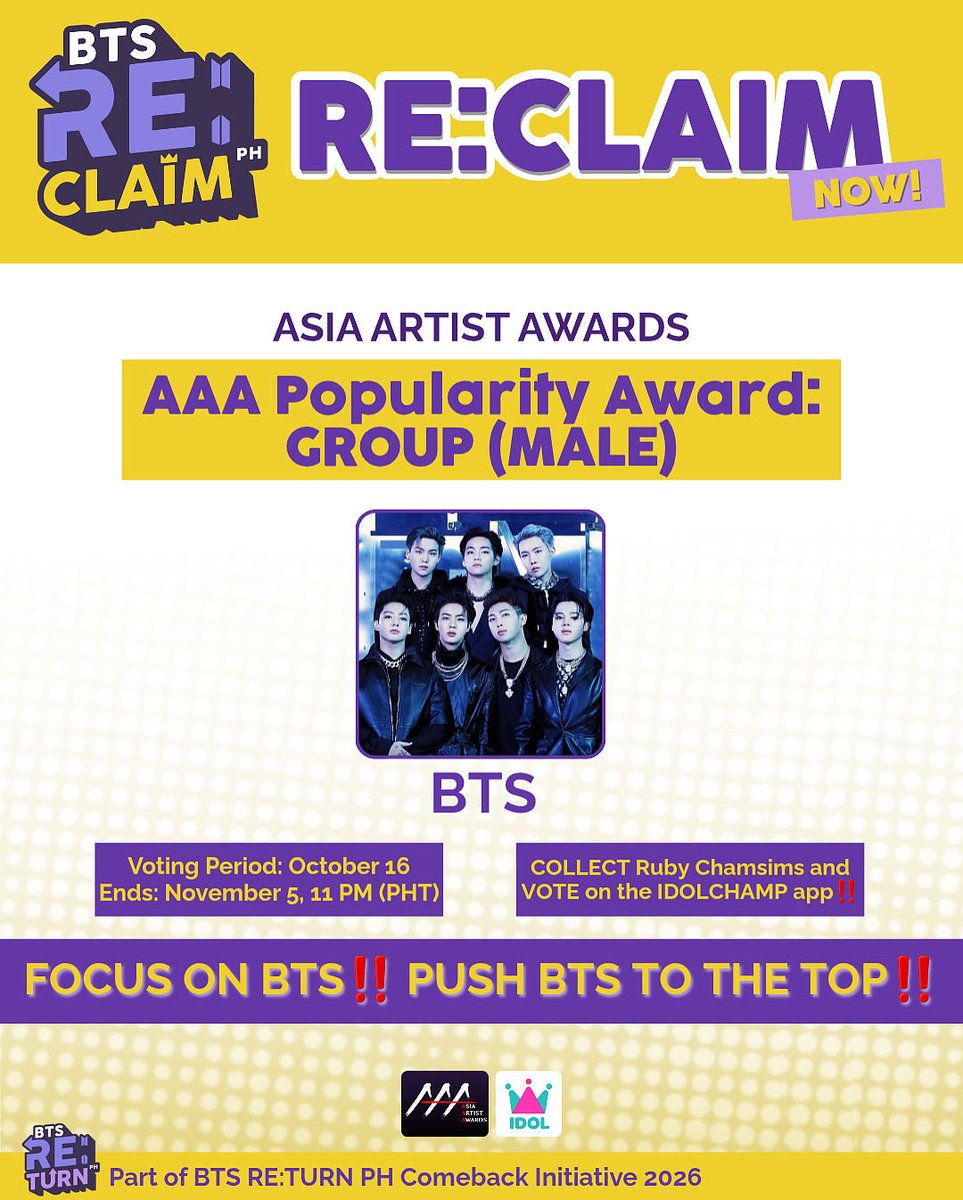 💜 PH ARMYs, let’s keep the fire burning! 💜
BTS is in the AAA Popularity Award (GROUP) Final Round! And they’re counting on our steady hearts and daily votes! 🏆✨

Every ❤️ Chamsim you collect and vote brings BTS closer to the crown.
🎯🗳 BTS - GROUP
📱 Vote on the IDOLCHAMP