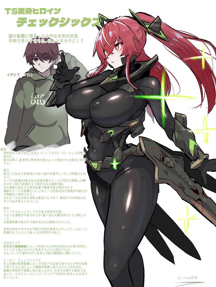 TS変身ヒロイン　チェックシックス
イデシマ　クロトが変身するヒーロー。
元々は悪の組織が工作用に改造したため女の子に変身してしまう。(身分を伏せるため)
しかし逃げ出して装備も奪ったので現在はヒーローとして活動している。
ぴちぴちすぎてやや恥ずかしいらしい。