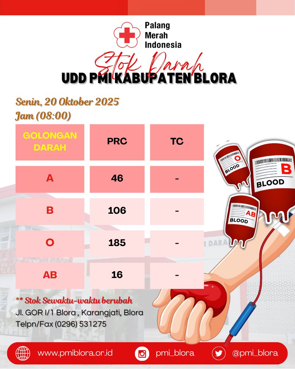 Stok Darah PMI Kabupaten Blora senin, 20/10/2026.
<a href="/Bloodforlife/">Blood for life</a>