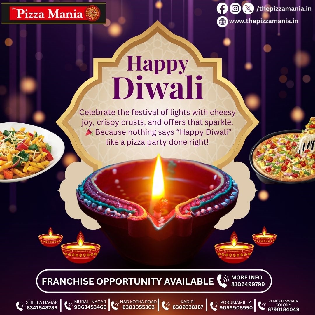 thepizzamania's tweet image. Lights, laughter, and a slice of joy!✨ This Diwali, let your celebrations glow with the cheesy magic of Pizza Mania—because happiness tastes better with pizza in hand!🍕🪔

#DiwaliDelights #PizzaWaliDiwali #FestivalOfFlavours #CheesyCelebrations #DiwaliCravings #PizzaManiaMagic