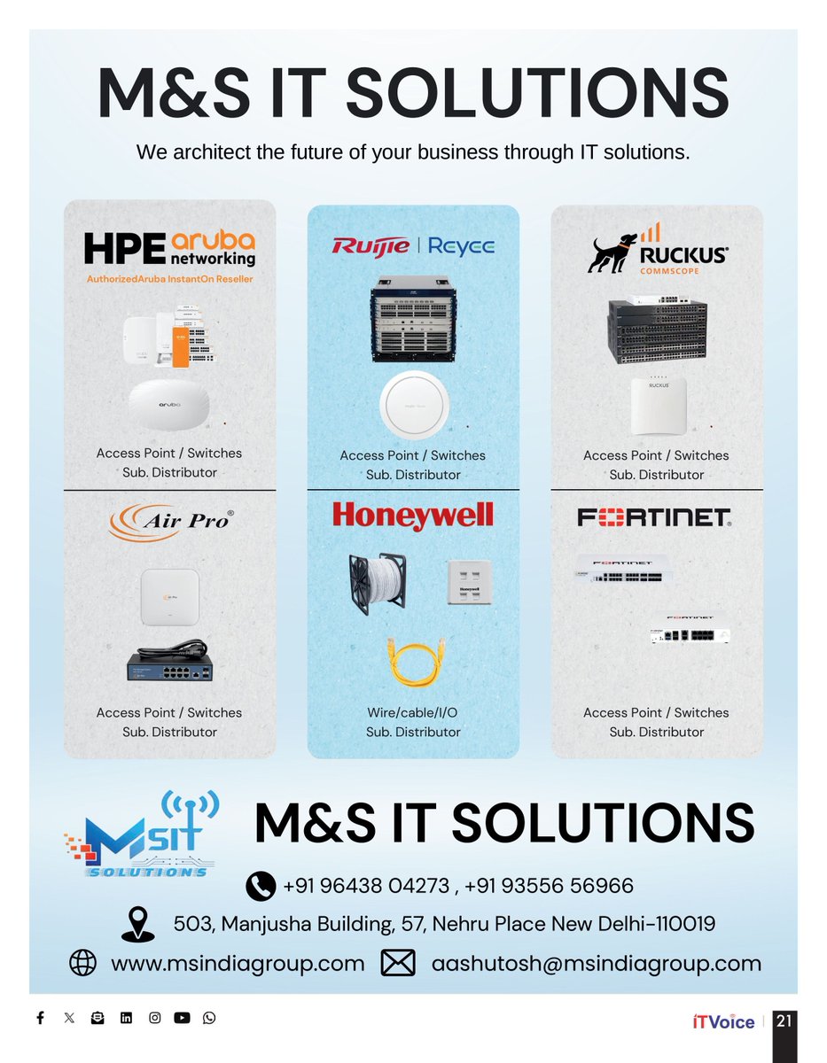 itvoice's tweet image. 💻 Power your business with next-gen IT solutions!
M&amp;amp;S IT Solutions delivers enterprise-grade connectivity with trusted brands like HPE Aruba, Ruijie, Fortinet, Ruckus, Air Pro, and Honeywell.

Smart. Reliable. Scalable. 🌐

#MSITSolutions #EnterpriseNetworking