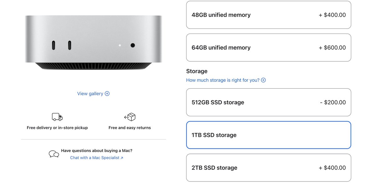 Good guy Beelink charges $200 for upgrading from a 32GB + 1TB to a 64GB + 2TB Mini PC.

While for a similar Mac Mini you have to pay $1,000 extra to go from 24GB + 1TB to 64GB + 2TB.