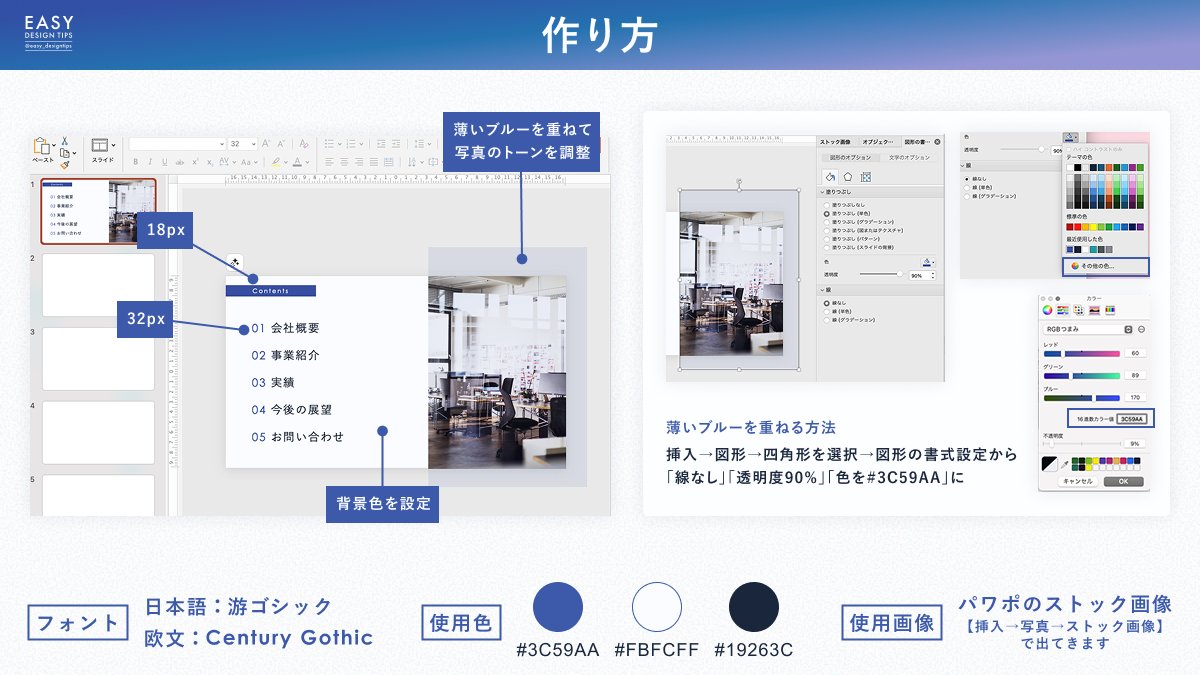 easy_designtips's tweet image. 【パワポで簡単！おしゃれな目次の作り方】
今回はスタイリッシュな印象の目次を作りました👩‍💻

ポイントは
①数字だけ色を変える・薄い背景色をつけるなどちょっとしたあしらいで寂しさ軽減
②写真のトーンをブルー系に調整することで統一感

少し手間をかけるだけでおしゃれに見えます🙌