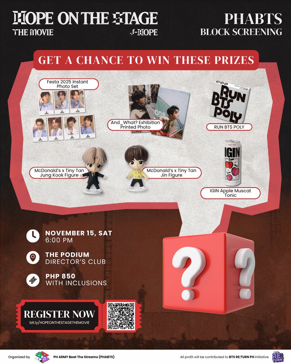 💜 WE HEARD YOU, ARMYs! 🫶🏻
Our 3rd batch registration is NOW OPEN — and this will be the FINAL BATCH! 🎬✨

Each registration includes:
🎟️ 1 Director’s Club Cinema Ticket
🍿 Popcorn + your choice of drink (bottled water, soda, or iced tea)
🎁 1 Special Kit
🛍️ 1 HOPE ON THE STAGE