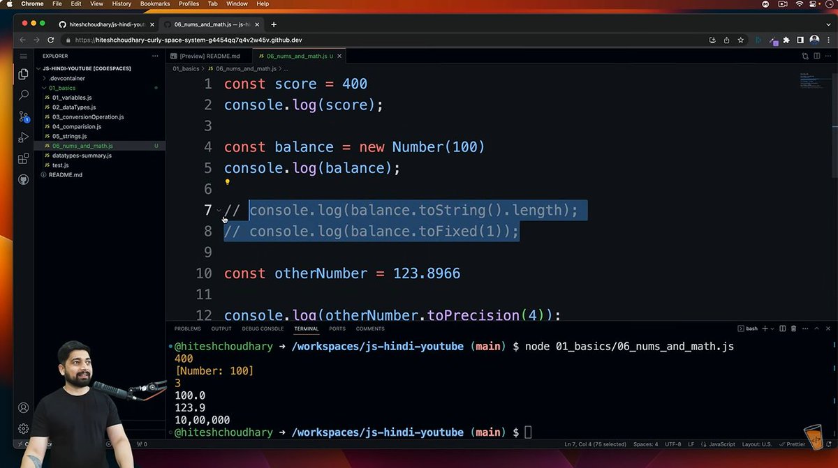 codeXninjaDev's tweet image. Day 11 of #JavaScriptChallenge by @ChaiCodeHQ & @Hiteshdotcom
learned about Numbers & Math in JS! 💻 From .toFixed(), .toPrecision(), .toLocaleString() to Math.abs(), .round(), .floor(), and the powerful Math.random() with range formula 🎯
#ChaiAurCode #MasterjiChallenge