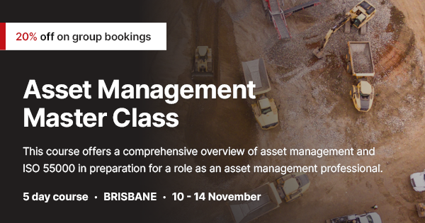 Take the next step in your asset management career with our comprehensive 5-day course, now with upto 20% off group bookings.

Asset Management Master Class
📍 Brisbane | 📅 10-14 Nov | ⏰ 5 days
💰 Group discount available 
Book now: zurl.co/TBM1b