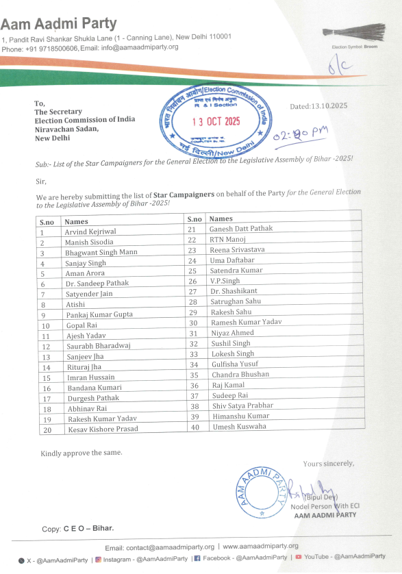 Official letter on Aam Aadmi Party letterhead dated 13 October 2025 addressed to the Secretary of Election Commission of India listing 20 star campaigners for Bihar Legislative Assembly elections including names like Manish Sisodia, Sanjay Singh, Atishi, Saurabh Bharadwaj, Aman Arora, Gopal Rai, Imran Hussain, and others in a tabular format with serial numbers, signed and stamped by the party.