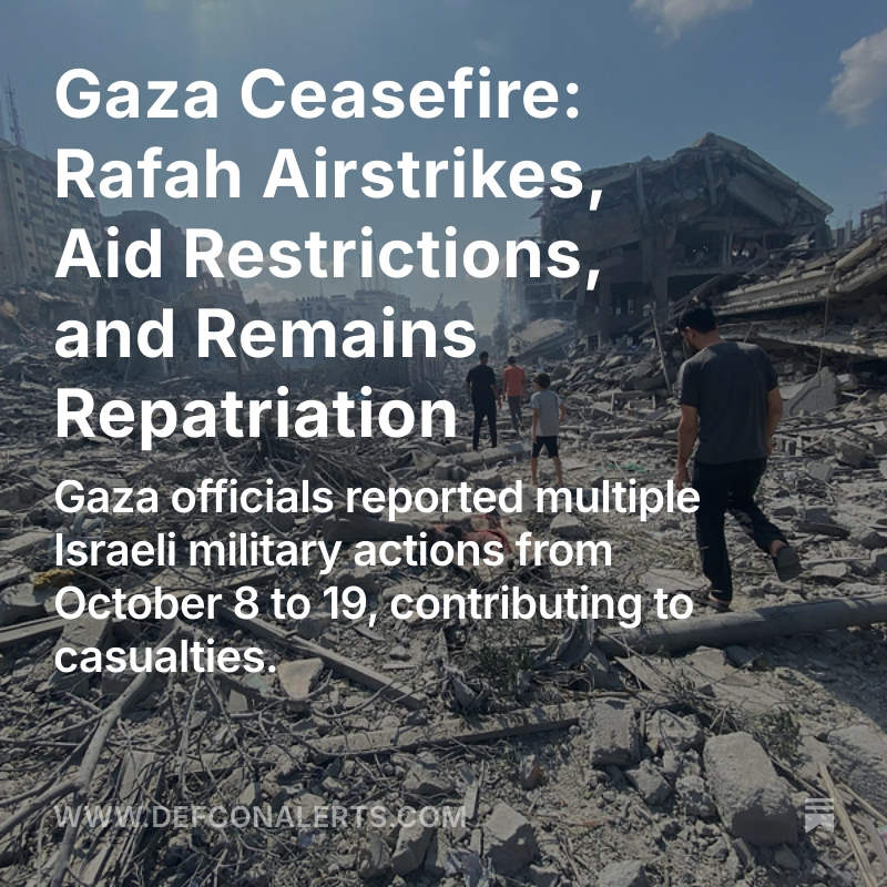 Defcon_Level's tweet image. #Gaza Ceasefire: Rafah Airstrikes, Aid Restrictions, and Remains Repatriation. Gaza officials reported multiple Israeli military actions from October 8 to 19, contributing to casualties. The Israel Defense Forces (IDF) conducted airstrikes in Rafah following reports of an…