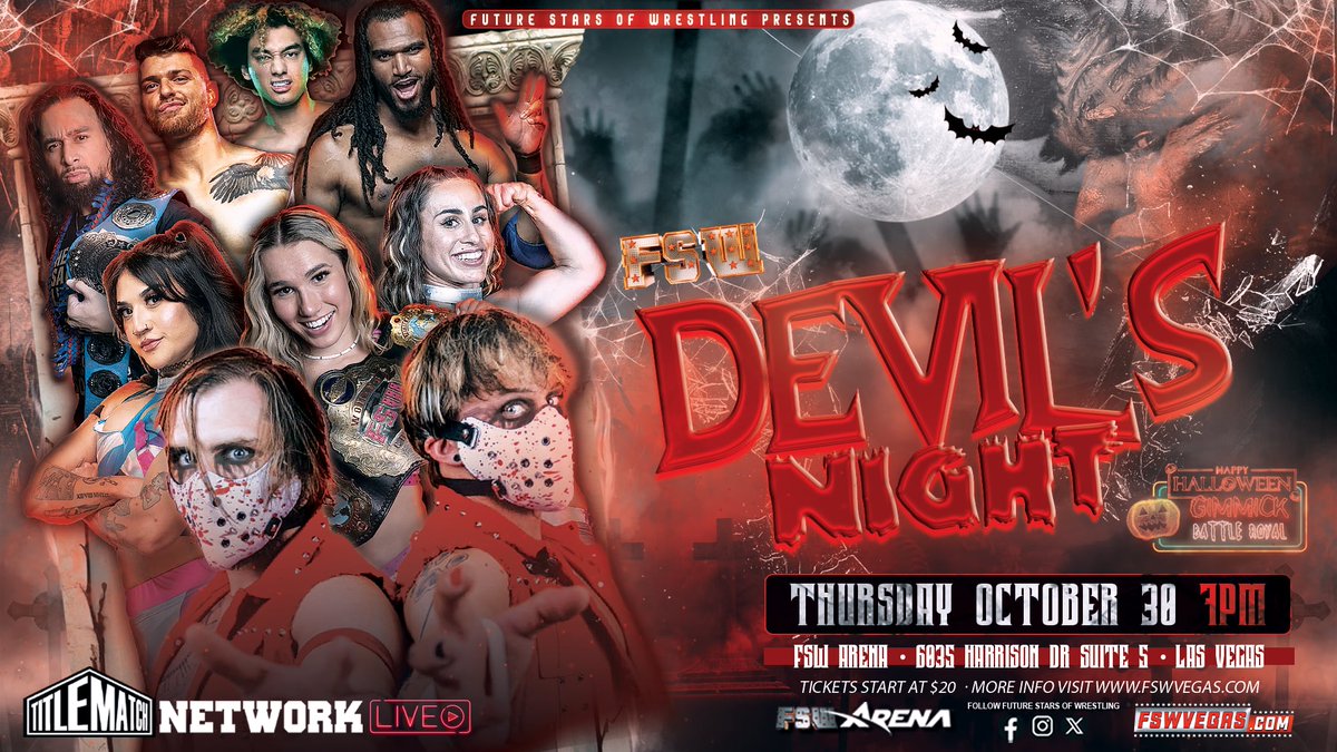 😈 FSW Devil's Night
📅 Thursday, October 30, 7PM
📺 LIVE on <a href="/TitleMatchWN/">Title Match Network</a>
📍 FSW Arena | #LasVegas 

🪦 Four Championship Matches, Faction vs. Faction, Halloween Gimmick Battle Royal + more! 

🎟️ Ticket + Streaming links in bio!