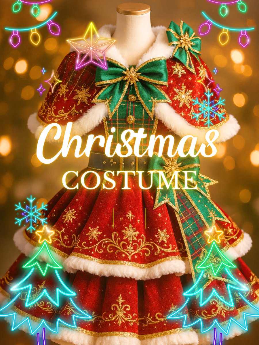 🎄✨【クリスマス衣装 予約受付開始】✨🎄
ステージで映える、赤×緑×白×ゴールドの特別衣装。
全てオーダーメイド制作。
メンバーの体型や世界観に合わせて仕立てます。

⚠️12月納品枠 残りわずか（先着順）
ご依頼はDMにて👇
「①用途②納期③着数④ご予算⑤イメージ」をお送りください。