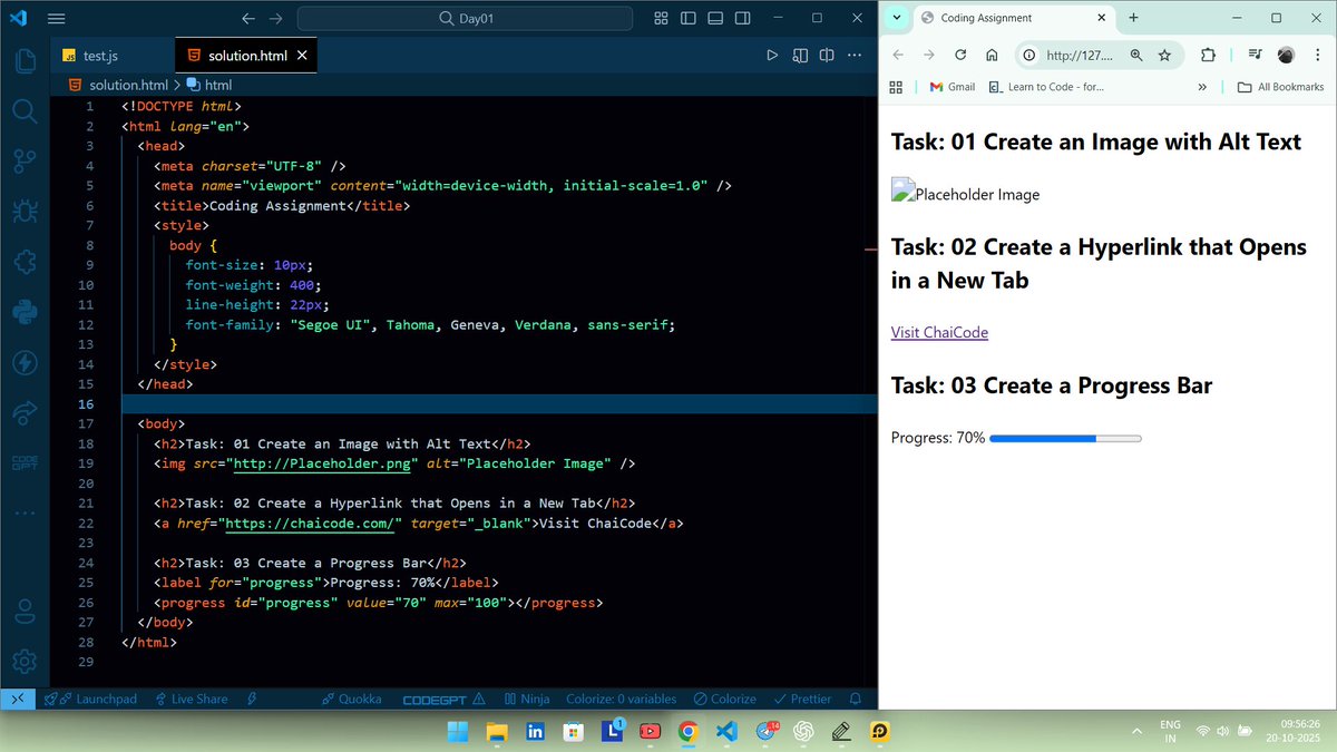 codeXninjaDev's tweet image. Day 9 of #WebDevTortoiseChallenge 🐢 by @ChaiCodeHQ &amp; @Hiteshdotcom  
Accessibility &amp; interactivity in HTML! Used &lt;img alt=""&gt; for images, &lt;a target="_blank"&gt; for external links, and &lt;progress&gt; to show completion. Loving how simple tags create powerful user experiences
#udemy