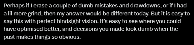 Took me long enough to really notice and accept that building wealth in Crypto is a gradual and very disciplined process.

My takeaway from Cobie's reply here is that the importance of balancing financial growth with real life needs and personal well-being.

Still on the process