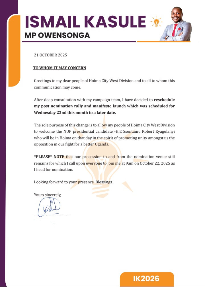 UPDATE: Hoima West MP Hopeful <a href="/IsmailKasule4/">Ismail Kasule Amooti MPOwensonga</a> has postponed his post nomination and manifesto launch to a later date.

"This decision has been taken in good faith to allow the people to welcome NUP Presidential Candidate, <a href="/HEBobiwine/">BOBI WINE</a> who will be in Hoima on that same day (Oct 22)"