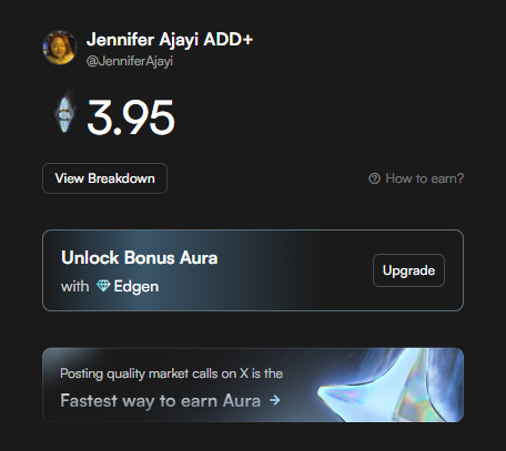 JenniferAjayi's tweet photo. @EdgenTech My Aura is slowly accumulating, bet it would rise faster after an upgrade. #progress https://t.co/B5rdk6HQzy